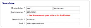 Fehlerhafte Bankleitzahl-Kontonummerkombination