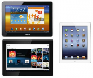 Samsung Galaxy Tab 10.1N, neues Apple iPhone 2012 und Sony Tablet S (im Uhrzeigersinn)