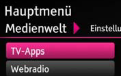TV-Apps Entertain Entertain-Menü (Ausschnitt)