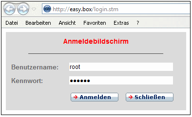 Anmeldebildschirm Firmware EasyBox
