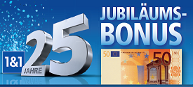NEU bei 1&1... bis zu 50,- € Jubiläums-Bonus! Bis zu 50,- € Rabatt bei 1&1 Doppel-Flat (DSL, Festnetz) und Mobilfunk (All-Net-Flat)