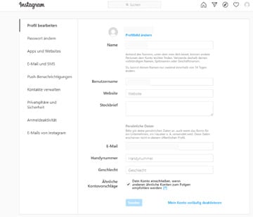 Instagram Angaben vervollständigen