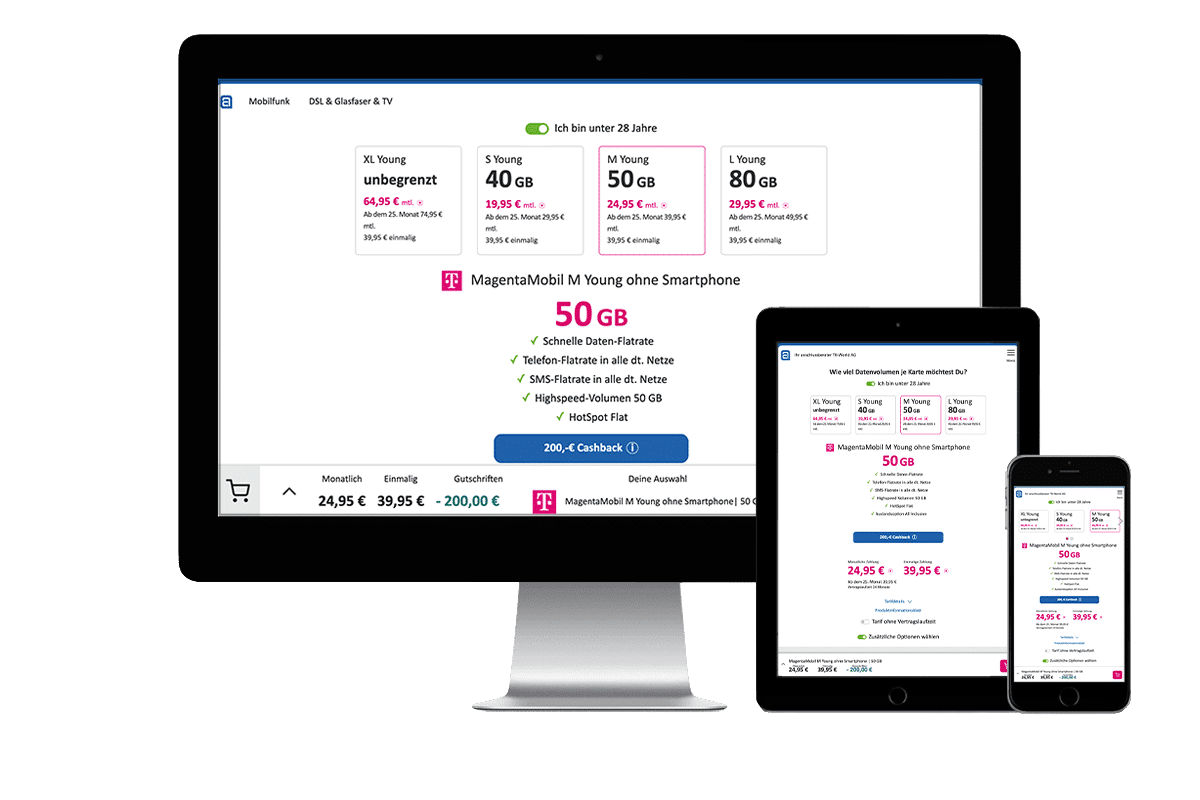 Computer, Tablet und Smartphone mit einem Telekom White Label Shop auf dem Screen.