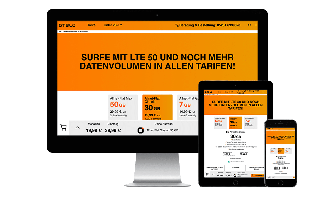 Computer, Tablet und Smartphone mit einem otelo Shop auf dem Screen.