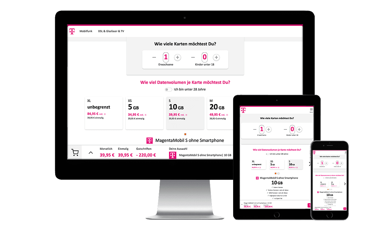 Computer, Tablet und Smartphone mit einem TelekomShop auf dem Screen.