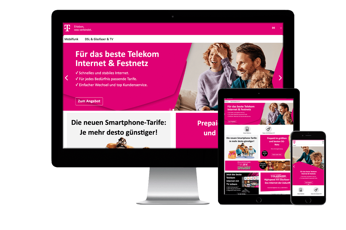 Computer, Tablet und Smartphone mit einem Telekom Shop auf dem Screen.