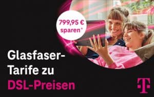 Mutter und Tochter mit iPad. Überschrift: Glasfaser-Tarife zu DSL-Preisen.