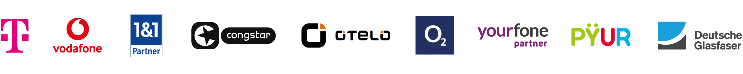 Logozeile bestehend aus dem Telekom, Vodafone, 1und1, congstar, otelo. o2, yourfone, pyür und deutsche Glasfaser Logo