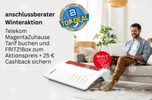 Exclusively for anschlussberater: MagentaZuhause tariff with FRITZ!Box at a special offer price + €25 cashback. Picture of a FRITZ!Box and a man on the couch with a laptop