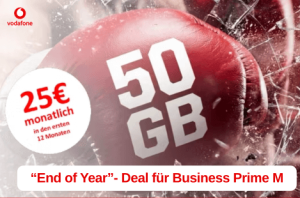 Vodafone "End of Year -Deal für Business Prime M. Hintergrund: Boxhandschuh mit 50 GB, weiße Bubble daneben mit 25 €