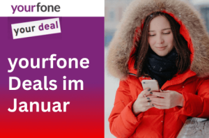yourfone Deals im Januar, Frau mit rotem Anorak schaut auf ein Handy