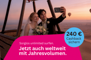 Brautpaar macht Selfie in Heißlufballon; MagentaMobil - Sorglos unlimited surfen. Jetzt auch weltweit mit Jahresvolumen.