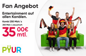 PYUR WM Angebot. Entertainment auf allen Kanälen. 250 Mbit/s für dauerhaft 35 €/Monat. Menschen in Deutschland-Farben jubeln auf grünem Sofa