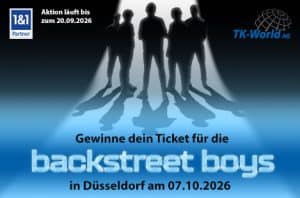 1&1 and TK-World Promotion: Win your ticket to see the Backstreet Boys in Düsseldorf on October 7, 2026. Promotion ends September 20, 2026