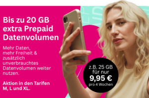 Telekom: Bis zu 20 GB extra Prepaid Datenvolumen. Mehr Daten, mehr Freiheit & zusätzlich unverbrauchtes Datenvolumen weiter nutzen. Aktion in den Tarifen M, L und XL. z.B. 25 GB für nur 9,95 € pro 4 Wochen