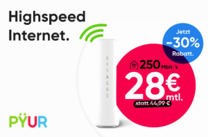 PYUR: Highspeed Internet mit bis zu 30% Rabatt - 250 Mbit/s für 28 €